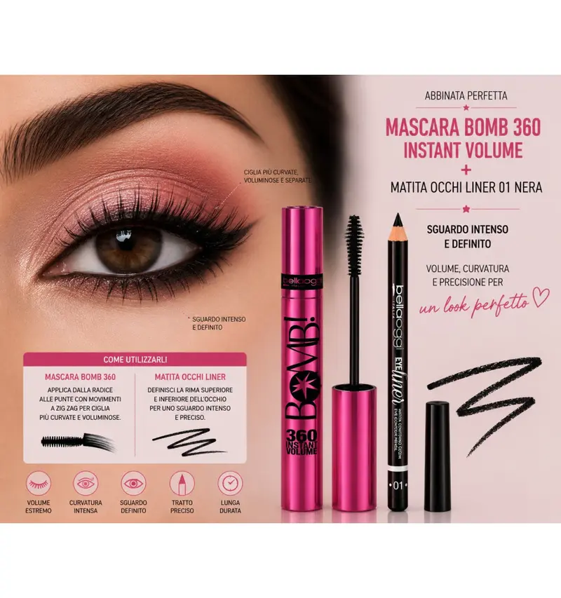 BELLAOGGI MASCARA BOMB 360 VOLUME + MATITA OCCHI 01 – SGUARDO INTENSO E DEFINITO