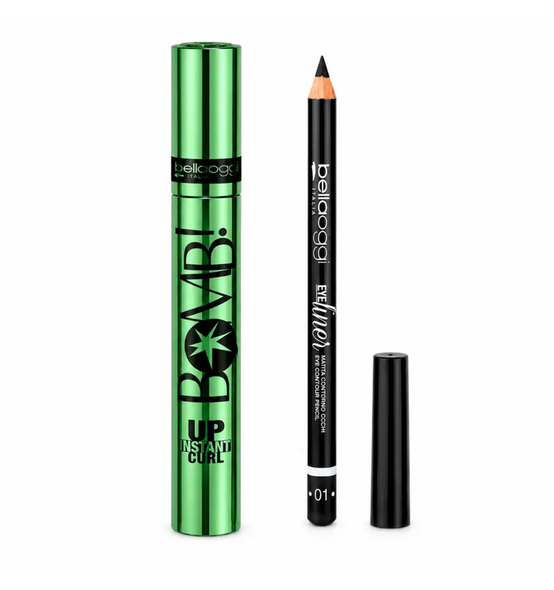 BELLAOGGI MASCARA BOMB CURL + MATITA OCCHI 01 NERA – SGUARDO DEFINITO E CIGLIA CURVATE