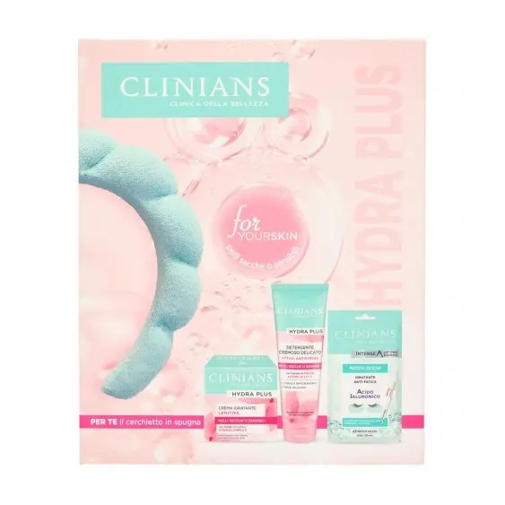 Clinians Hydra Plus - Detergente 150 ml + Crema 50 ml + 2 Patch Occhi + Cerchietto in spugna
