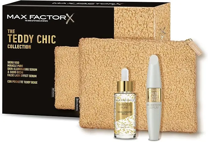 Max Factor, Cofanetto Regalo Donna Teddy Chic, Pochette in morbido tessuto teddy con Miracle Pure Serum + False Lash Effect Lash Serum